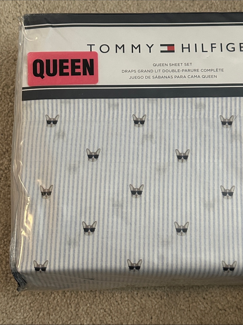 Tommy Hilfiger Light Blue & White Striped Sheet Set with Sunglasses Dog Motif